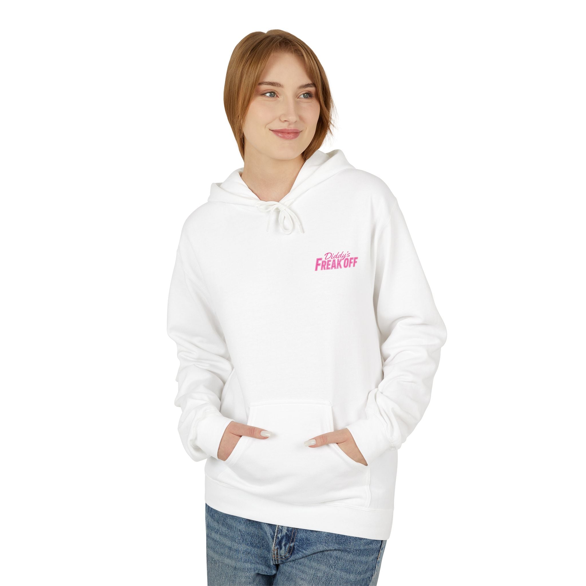 Model Wearing Diddy's Freak Off graphic women's Hoodie – parody hoodie (White, front) | Wake Up Apparel