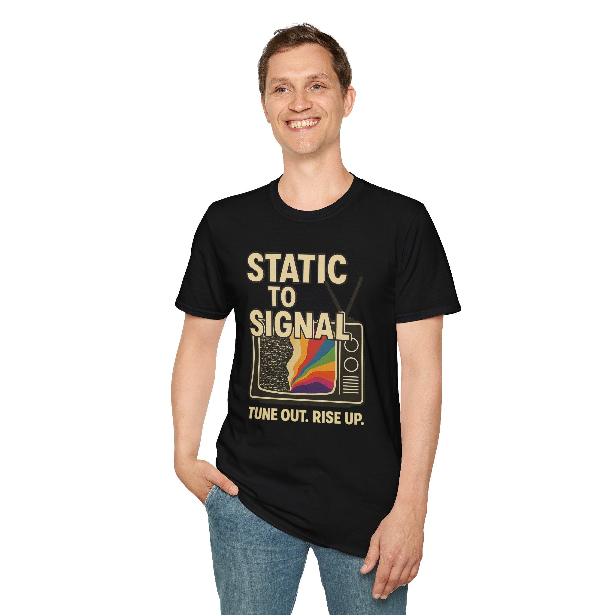 Static to Signal — Tune Out. Rise Up. - Rise Different (Men’s T-Shirt)