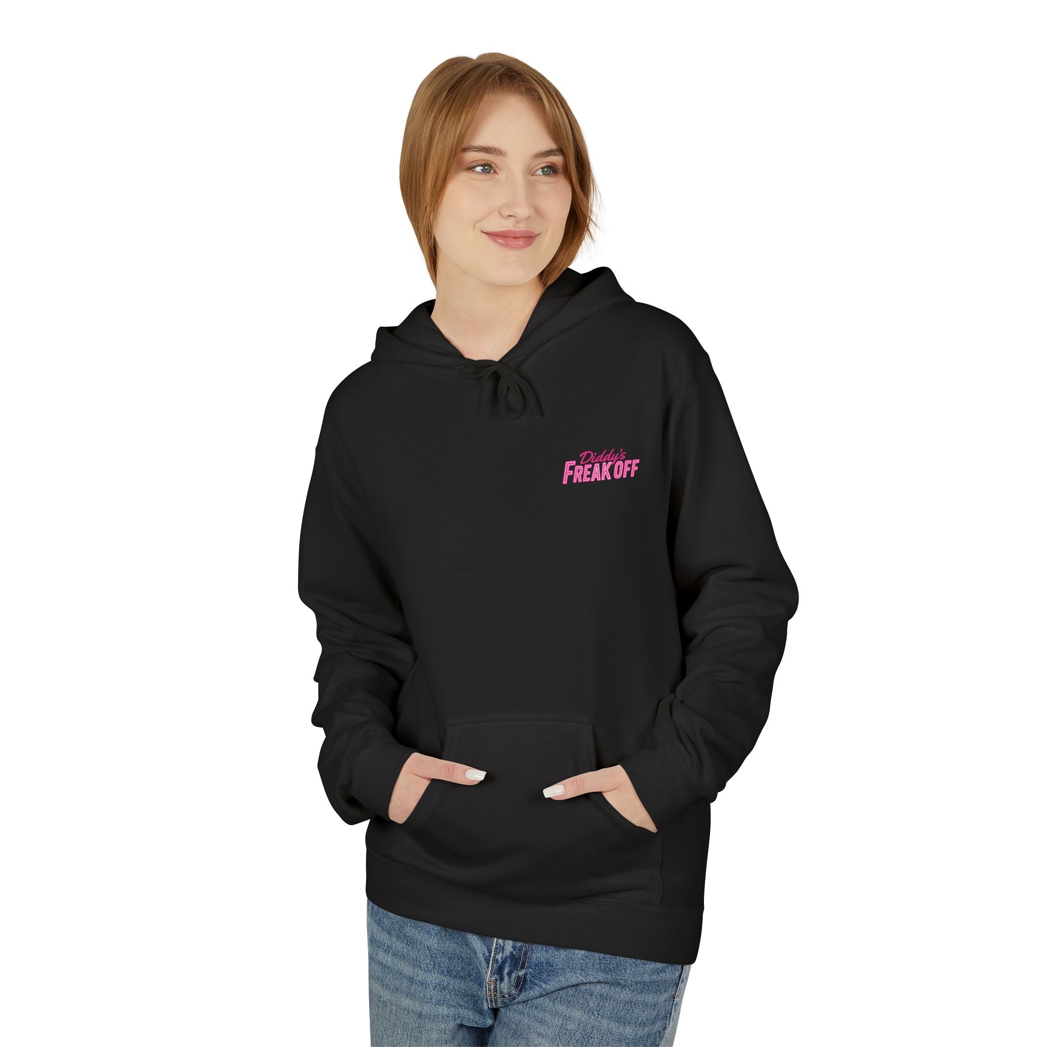 Model Wearing Diddy's Freak Off graphic women's Hoodie – parody hoodie (Black, front) | Wake Up Apparel