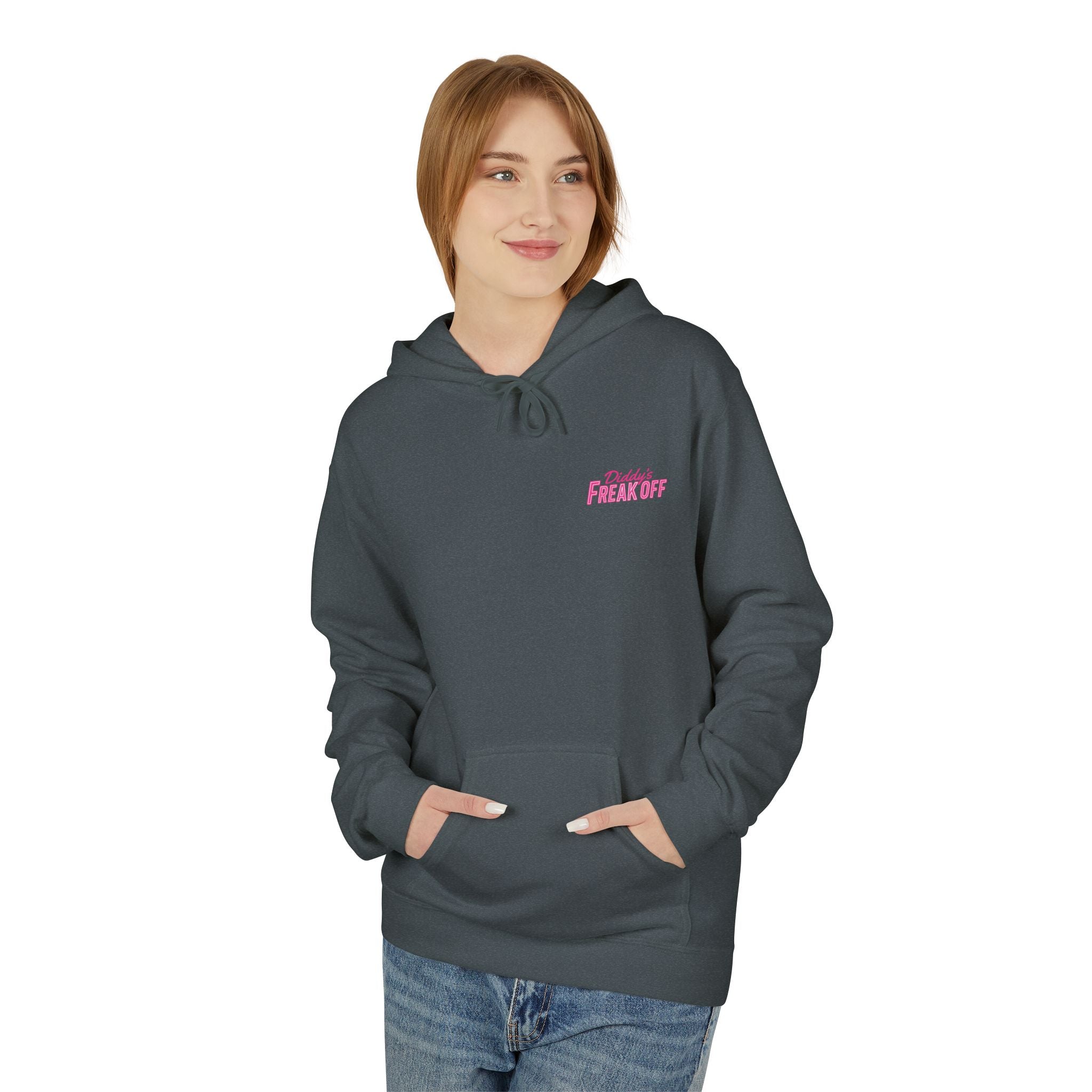 Model Wearing Diddy's Freak Off graphic women's Hoodie – parody hoodie (Heather Gray, front) | Wake Up Apparel