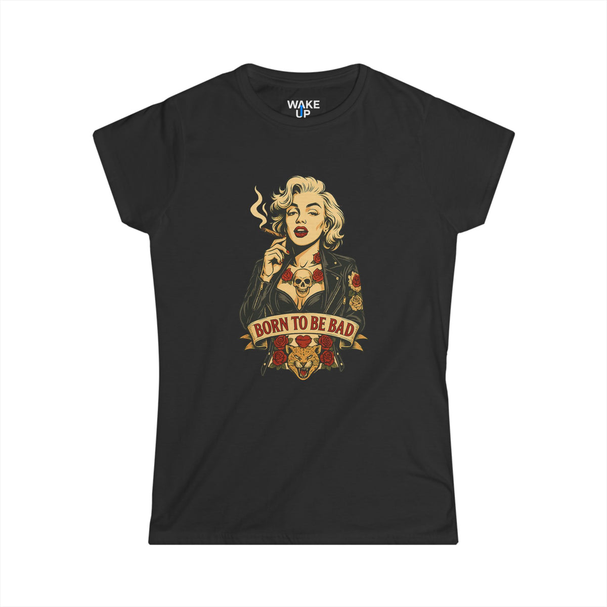 T-shirt graphique « Né pour être méchant » avec tatouage d'icône rebelle pour femme | Rebel Souls
