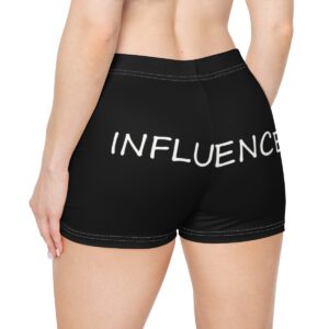 Woman confidently modeling the 'Influencer' spandex shorts by Wake Up Apparel, showcasing the empowering message across the back.