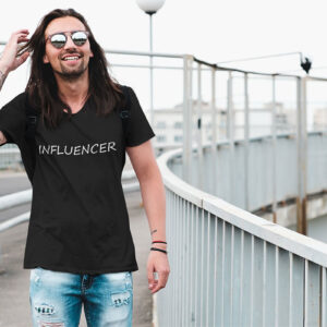 Man wearing the 'Influencer' tee by Wake Up Apparel, embodying the essence of modern digital leadership.