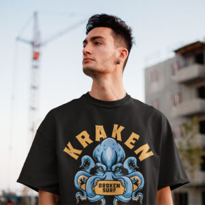 Man wearing Kraken Surf men's tee by Wake Up Apparel